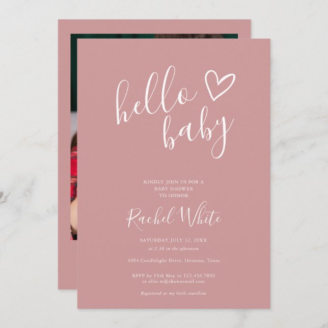 Hello Baby Shower Dusty Rose Pink Baby Girl Photo Invitation (Front/Back)
