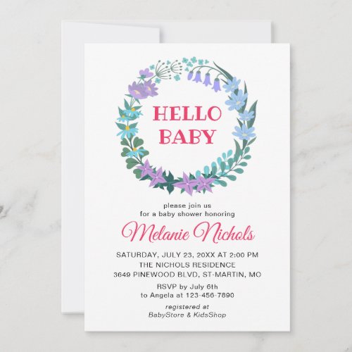 Hello Baby Shower Floral Wreath Bluebells Lilac Invitation