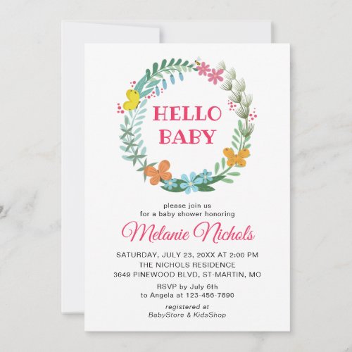 Hello Baby Shower Floral Wreath Butterfly Bee Invitation
