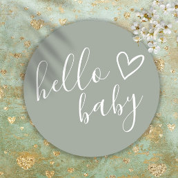 Hello Baby Shower Gender Neutral Boho Sage Green Classic Round Sticker