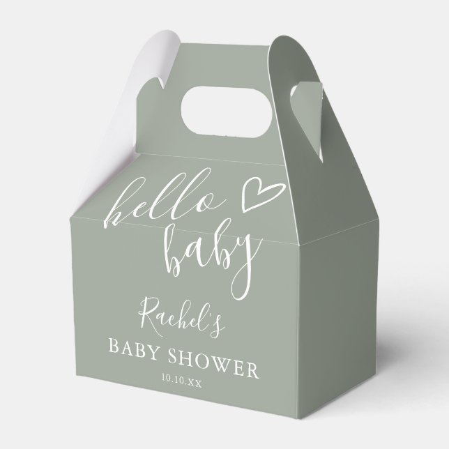 Hello Baby Shower Gender Neutral Boho Sage Green Favor Boxes (Front Side)