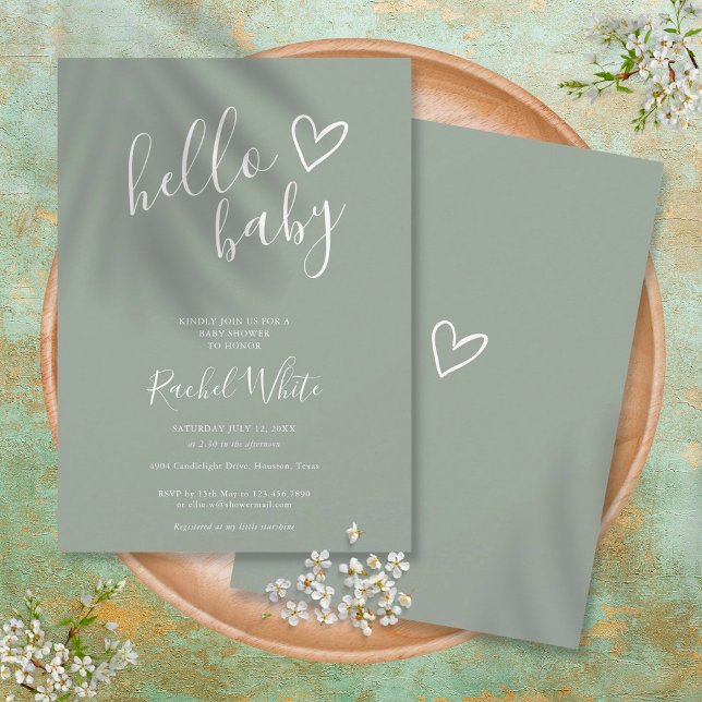 Hello Baby Shower Gender Neutral Boho Sage Green Invitation (Creator Uploaded)