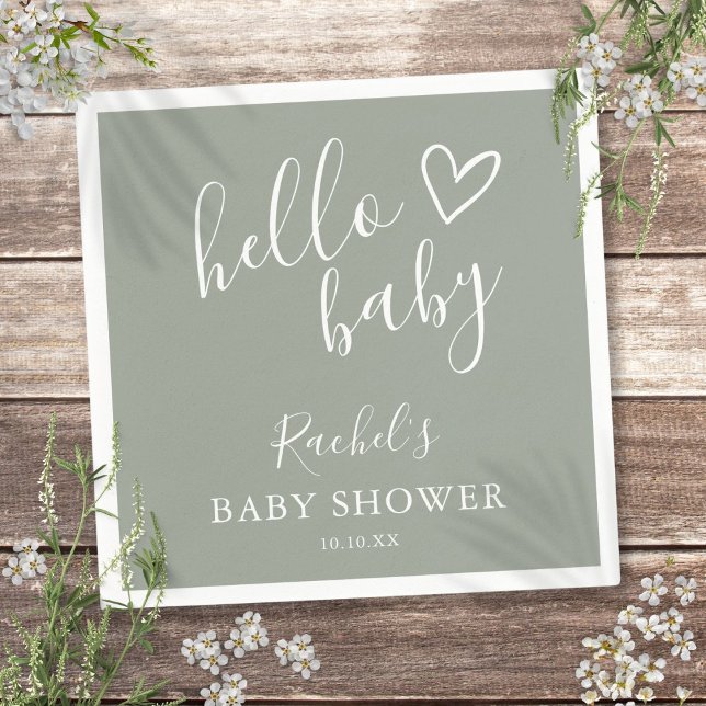 Hello Baby Shower Gender Neutral Boho Sage Green Napkins (Hello Baby Shower Gender Neutral Boho Sage Green Napkins)