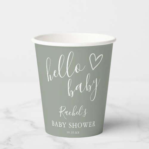 Hello Baby Shower Gender Neutral Boho Sage Green Paper Cups