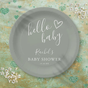 Hello Baby Shower Gender Neutral Boho Sage Green Paper Plates