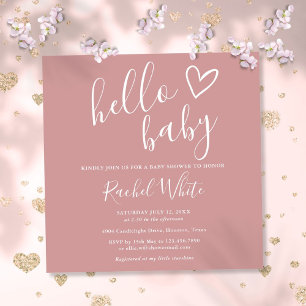 Hello Baby Shower Girl Dusty Rose Pink Cute Heart Invitation