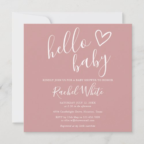 Hello Baby Shower Girl Dusty Rose Pink Cute Heart Invitation