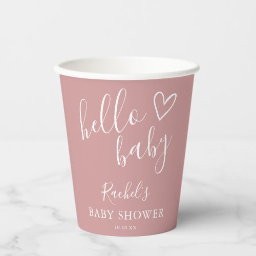Hello Baby Shower Girl Dusty Rose Pink Cute Heart Paper Cups