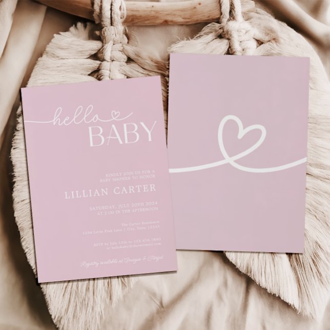 Hello Baby Shower Heart Baby Pink Minimalist Invitation (Creator Uploaded)