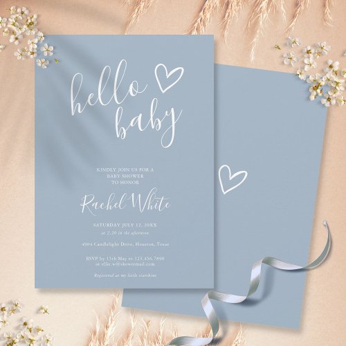Hello Baby Shower Heart Dusty Blue Minimalist Invitation