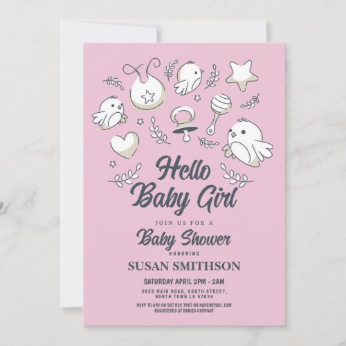 Hello Baby Shower Pink Girl Birds Invitation