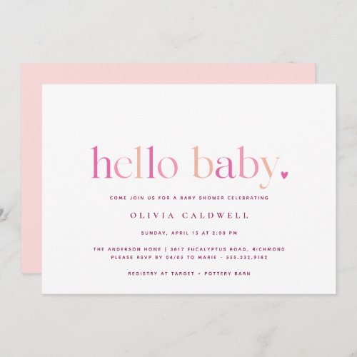 Hello Baby  Simple Heart Pink Girl Baby Shower Invitation