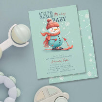 Hello Baby Snowman Skiing Winter Boy Baby Shower Invitation