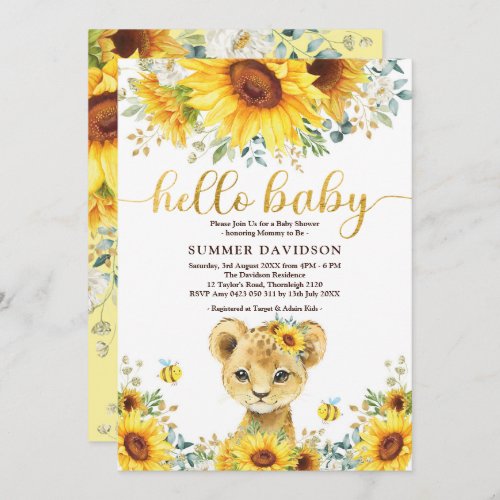 Hello Baby Sunflower Lion Cub Jungle Shower Invitation
