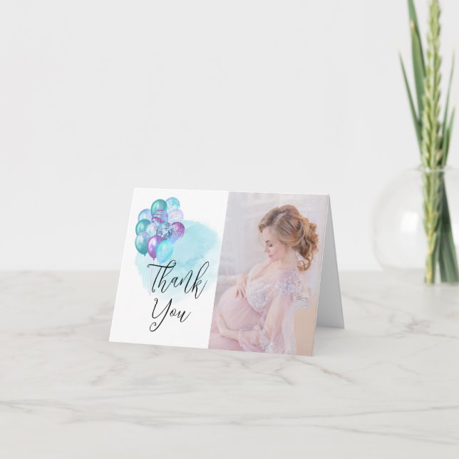 Hello Baby Teal Purple Balloons Baby Shower Thank You Card (Front)
