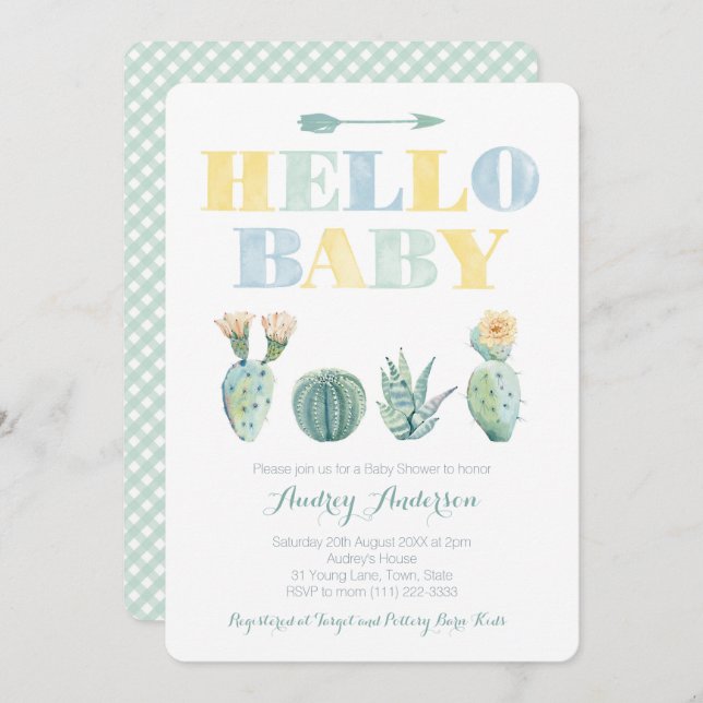 Hello Baby Team Green Genderless Cacti Baby Shower Invitation (Front/Back)