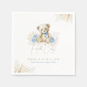 Hello Baby Teddy Bear Boho Blue Boy Baby Shower Napkins