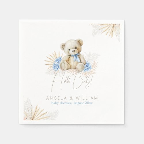 Hello Baby Teddy Bear Boho Blue Boy Baby Shower Napkins