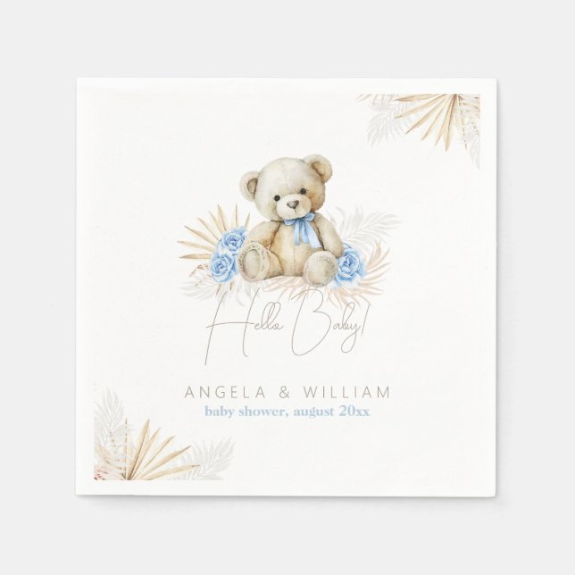 Hello Baby Teddy Bear Boho Blue Boy Baby Shower Napkins (Front)