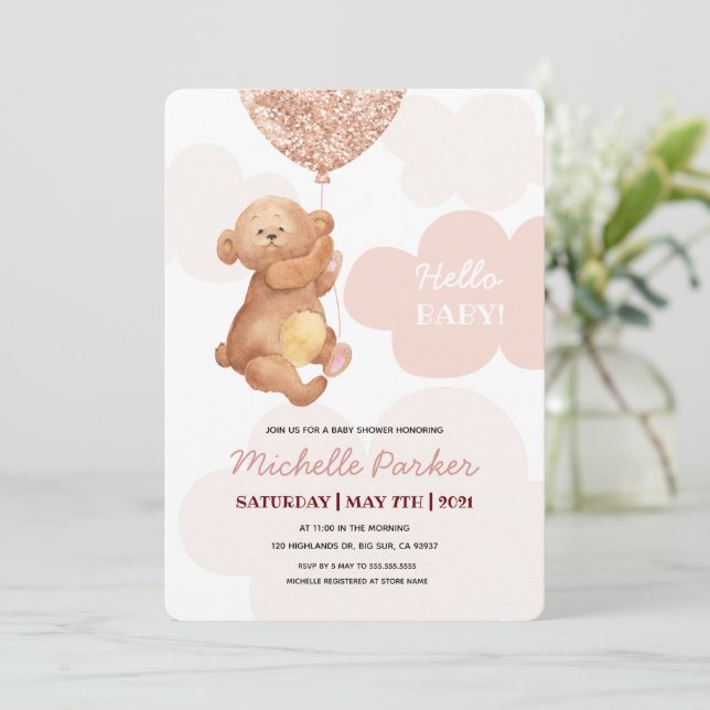Hello Baby Teddy Bear Pink Clouds Baby Shower Invitation (Standing Front)