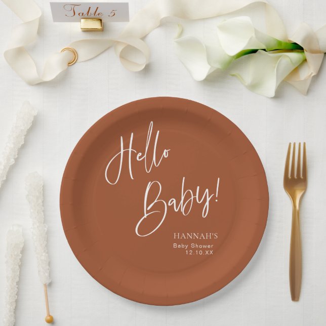 Hello Baby Terracotta Bohemian Earthy Baby Shower Paper Plates (Wedding)