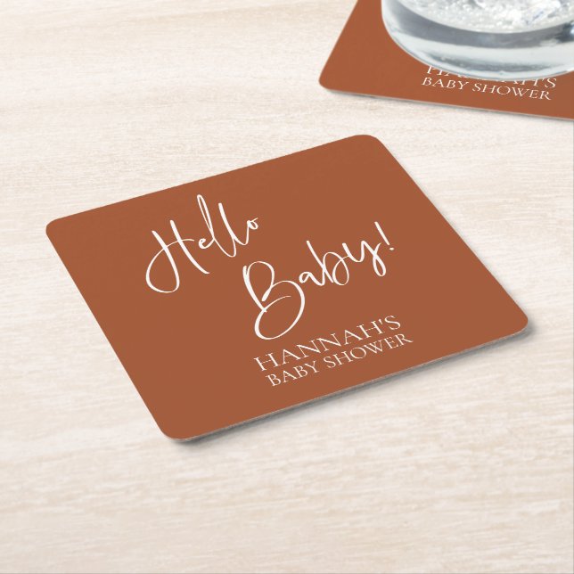 Hello Baby Terracotta Earthy Boho Baby shower Square Paper Coaster (Angled)