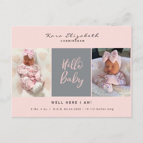 Hello Baby Two Photo Girl Baby Pink Birth Announcement Postcard