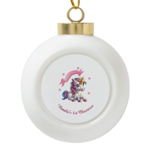 Hello Baby Unicorn Ceramic Ball Christmas Ornament