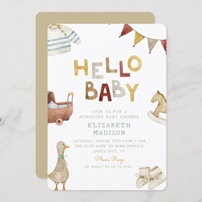 Hello Baby Watercolor Clothes & Toys Baby Shower Invitation (Creator Uploaded)