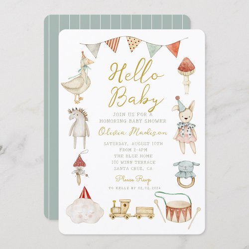 Hello Baby Watercolor Clothes  Toys Baby Shower  Invitation