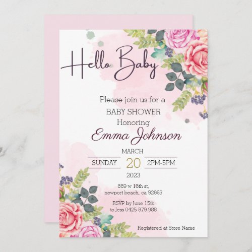 Hello Baby Watercolor Floral Baby Shower Invitation