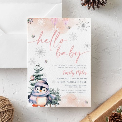 Hello Baby Winter Penguin baby shower pink Invitation