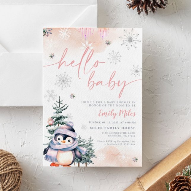 Hello Baby, Winter Penguin baby shower pink Invitation (Creator Uploaded)