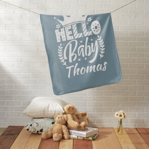 Hello Baby with Crown Babys Name Blue Baby Blanket