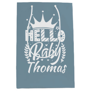 Hello Baby with Crown Baby's Name Blue Medium Gift Bag