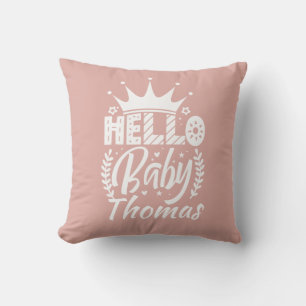 Hello Baby with Crown Baby's Name Blush Pink Throw Pillow