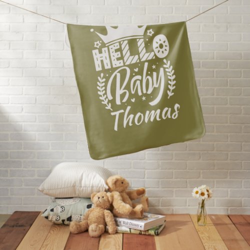 Hello Baby with Crown  Name Olive Green Baby Blanket