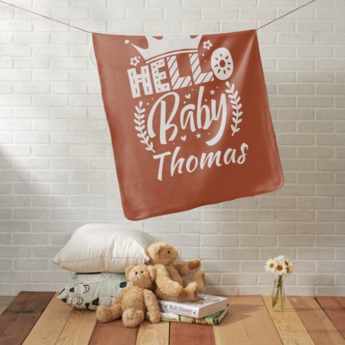 Hello Baby with Crown  Name Terracotta Red Baby Blanket