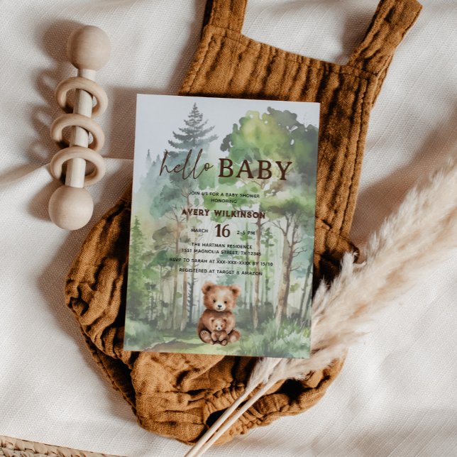 Hello Baby Woodland Bear Baby Shower Invitation (Creator Uploaded)
