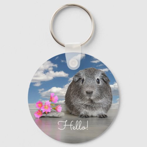 Hello Back To School Cute Gray Guinea Pig Custom Keychain