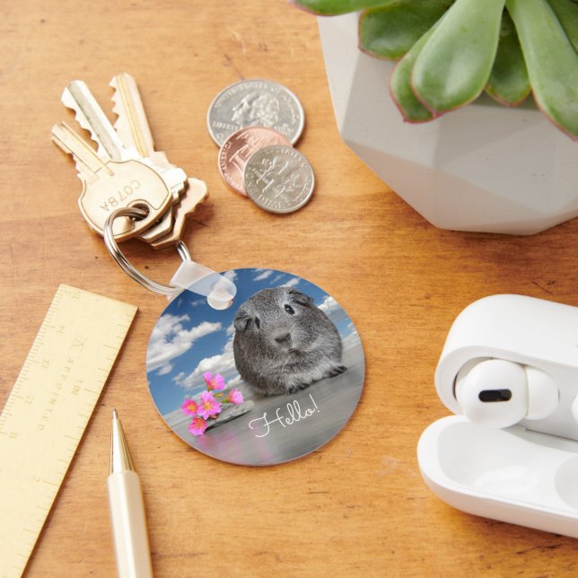 Hello Back To School Cute Gray Guinea Pig Custom Keychain (Desk)