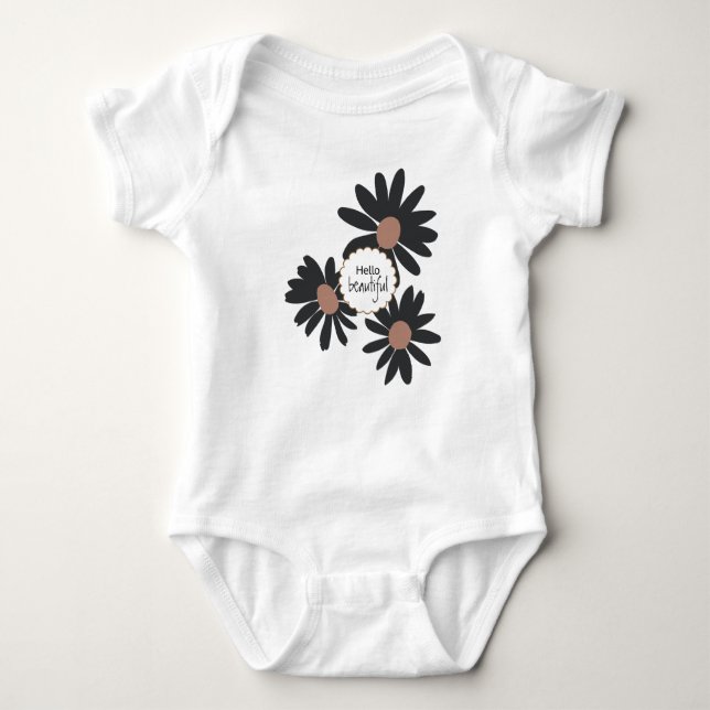 Hello Beautiful Black Pink Daisy Flowers Baby Bodysuit (Front)