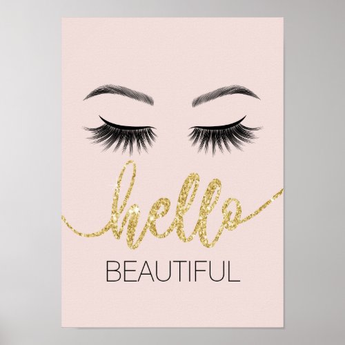 Hello Beautiful Eyelashes Gold Typography Salon Poster