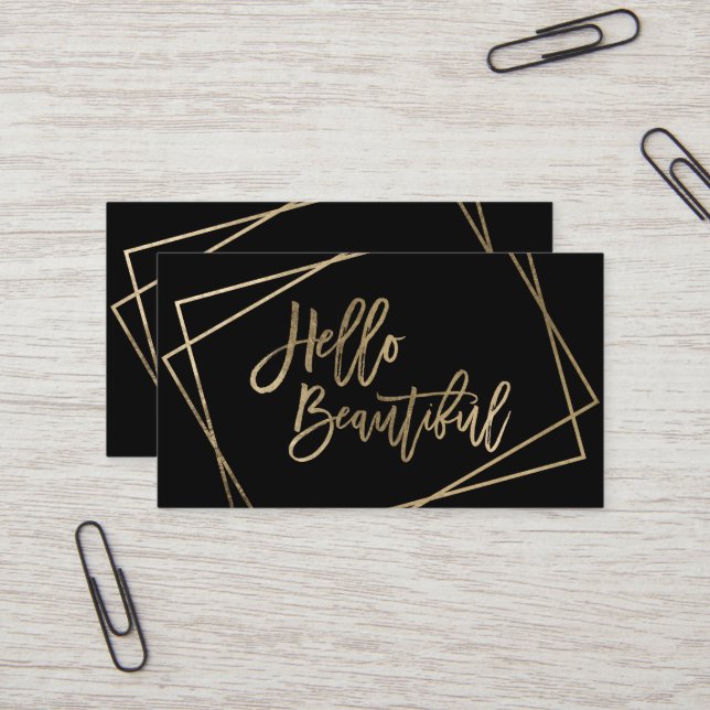 Hello beautiful faux gold script geometric black business card (Front/Back In Situ)