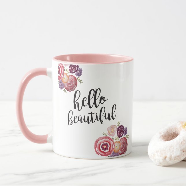 Hello Beautiful Flower Quote Coffee Mug (With Donut)