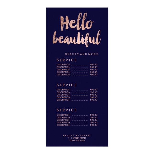 Hello beautiful gold typography navy price list rack card (Front)