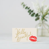 Hello Beautiful Gold Typography Red Lips Print Business Card (Standing Front)