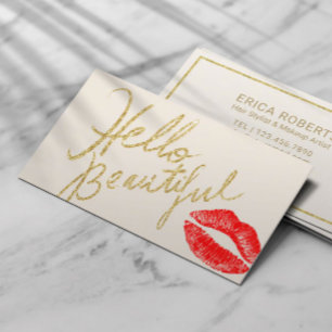 Hello Beautiful Gold Typography Red Lips Print Business Card