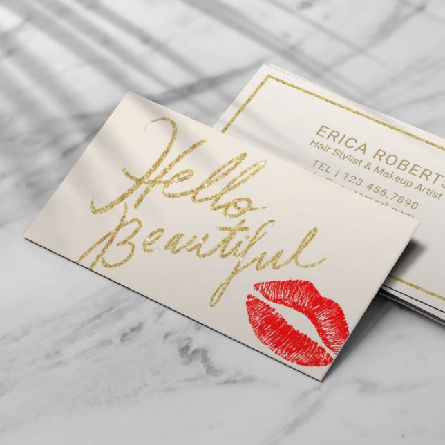 Hello Beautiful Gold Typography Red Lips Print Business Card