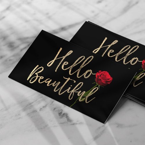 Hello Beautiful Gold Typography Red Rose Flower Business Card